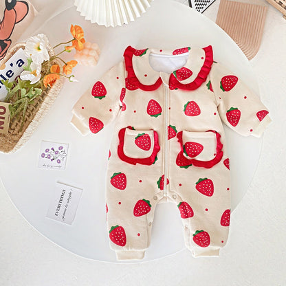 Baby Girl Strawberries Print Zipper Front Design Lace Patchwork Warm Quilted Romper-5