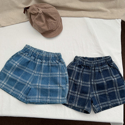 Baby Denim Blue Plaid Pattern Loose Shorts-0