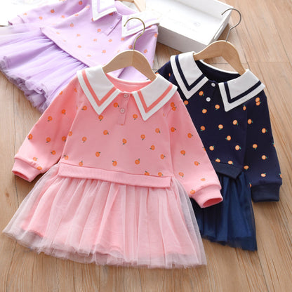 Baby Girl Fruit Pattern College Style Lapel Design Mesh Patchwork Dress-5