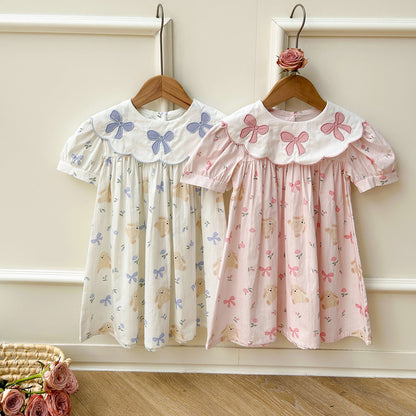 Summer Baby Kids Girls Short Sleeves Floral Teddy Print Embroidery Collar Princess Dress-5