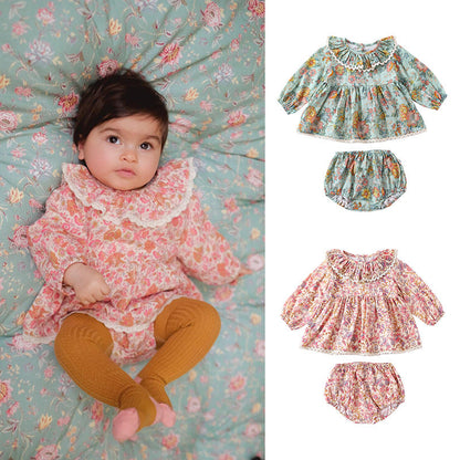 Spring Baby Kids Girls Floral Ruffle Collar Top And Shorts Clothing Set-0