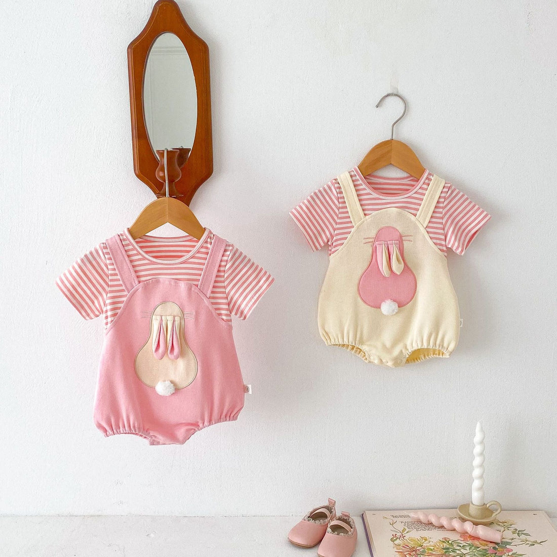 Summer New Design Baby Girls Cheap Striped Rabbits Pattern Short Sleeves Onesies-0