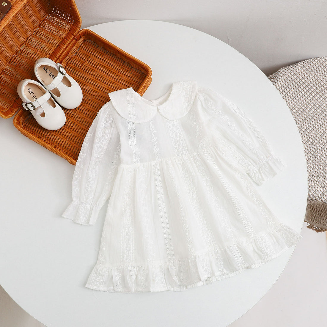 Baby Girl Solid Color White Mesh Embroidered Pattern Long Sleeve Dress-0