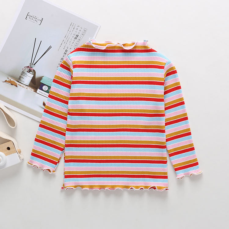 Striped Pattern Wooden Ear Edge Design Round Neck Long Sleeve Bottoming Spring Autumn Shirt-6