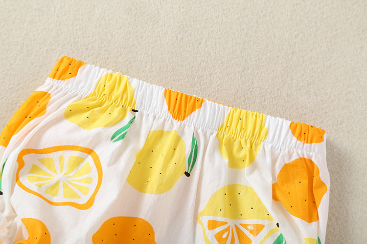 Baby Girl Lemon Fruit Print Sleeveless Dress Combo Short Pants In Sets-6