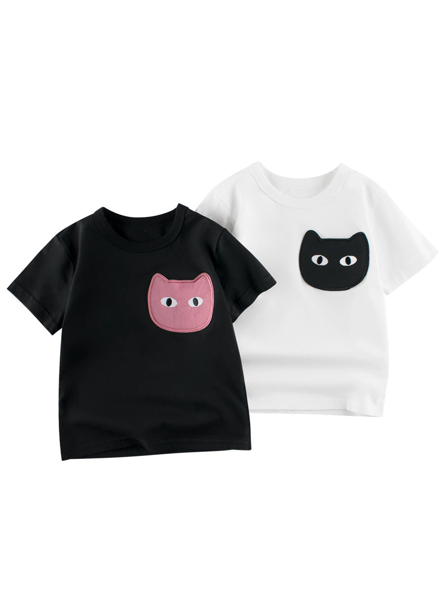 Cat Face Cartoon Pattern Girls’ T-Shirt In European And American Style For Summer-0