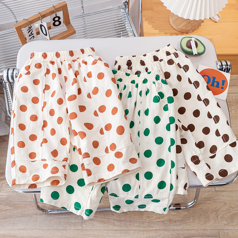 Summer Kids Girls Thin Soft Breathable Polka Dots Pattern Casual Pants-0