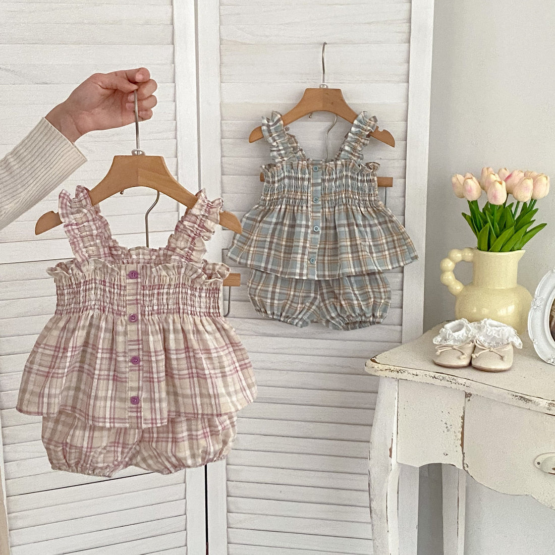 Summer Baby Kids Girls Plaid Sleeveless Strap Single Breasted Top And Shorts Casual Clothing Set-0