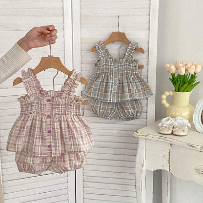 Summer Baby Kids Girls Plaid Sleeveless Strap Single Breasted Top And Shorts Casual Clothing Set-0