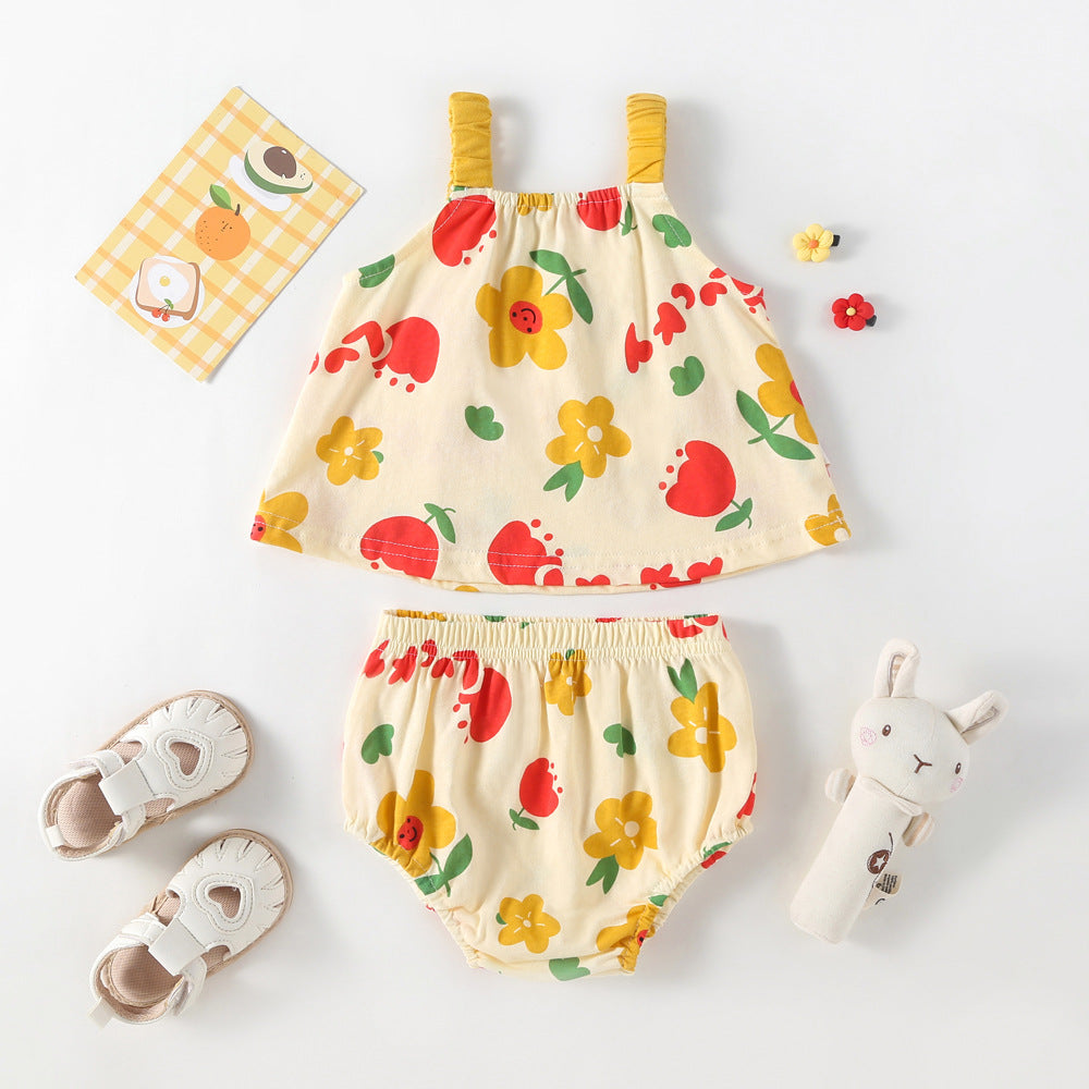 Summer Baby Kids Girls Floral Pattern Sleeveless Strap Top Dress And Bloomers Casual Clothing Set-5