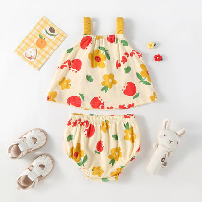 Summer Baby Kids Girls Floral Pattern Sleeveless Strap Top Dress And Bloomers Casual Clothing Set-5