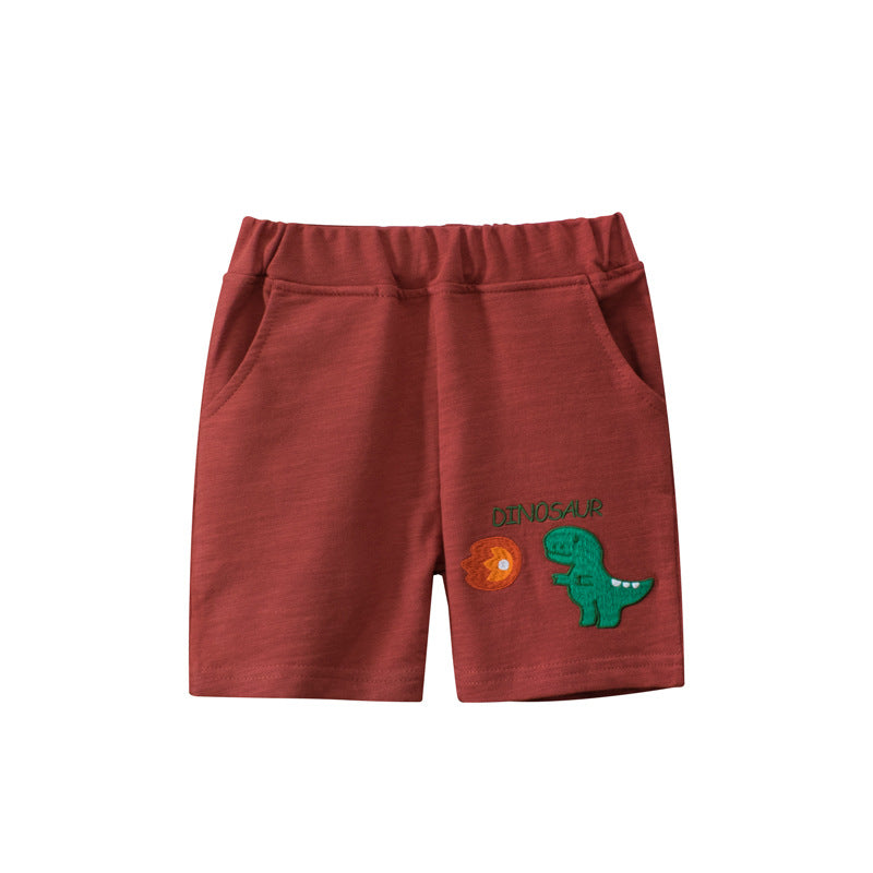 Dinosaur Pattern Solid Color Summer Shorts-6