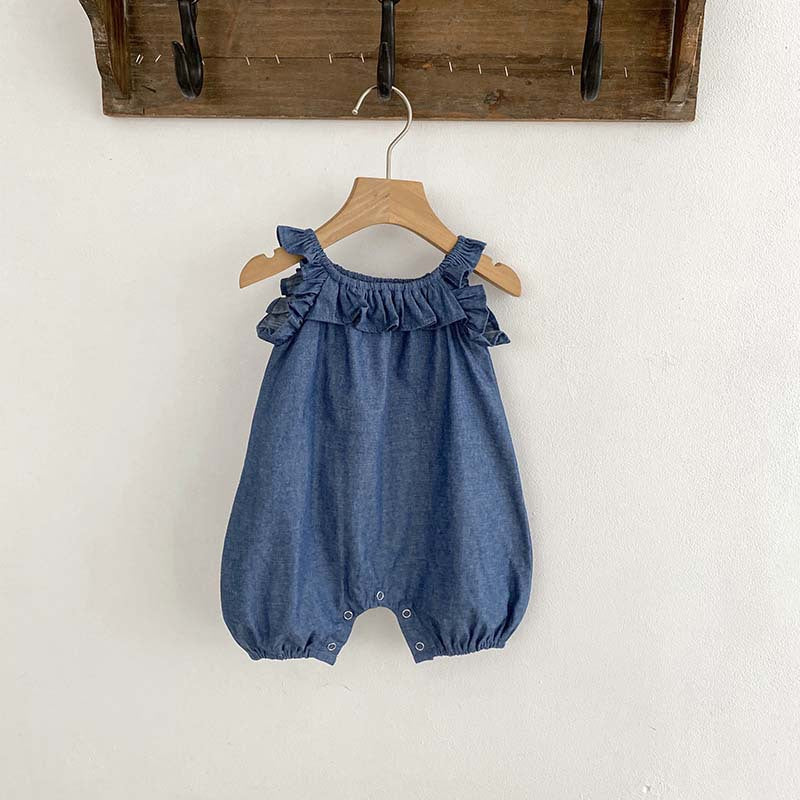 Baby Girl Solid Color Ruffle Design Denim Sleeveless Strap Bodysuit Onesies-0