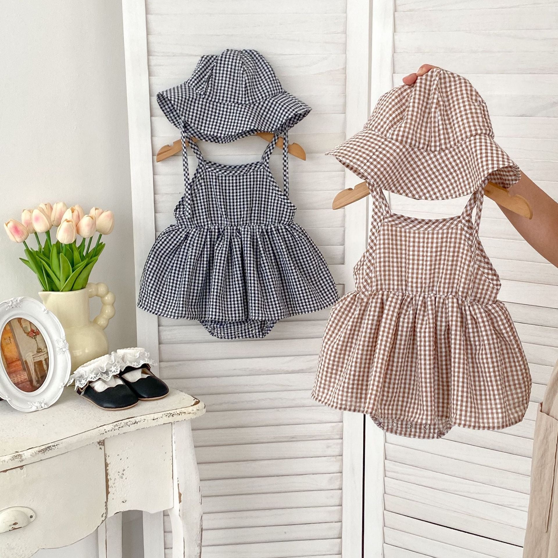 Summer New Arrival Baby Girls Plaid Sleeveless Strap Onesies Dress-0