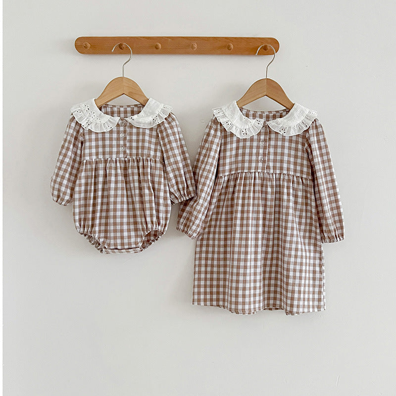 Doll Neck Plaid Pattern Long Sleeve Onesies-5