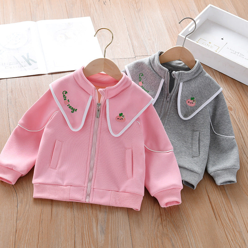 Baby Girl Embroidered Lapel Design Solid Color Quality Coat-5