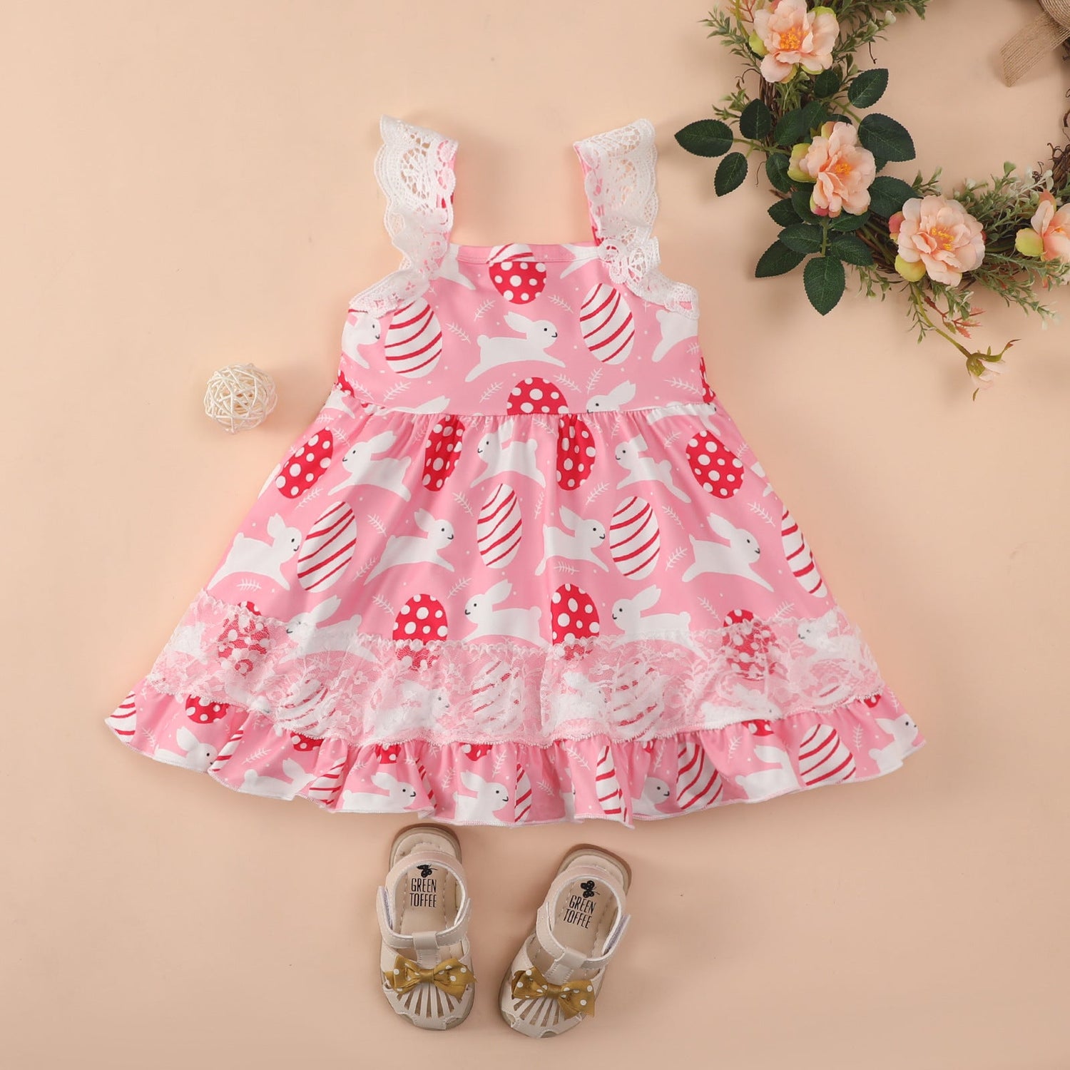 Baby Girl Rabbit &amp; Egg Graphic Mesh Patchwork Design Sleeveless Dress-0