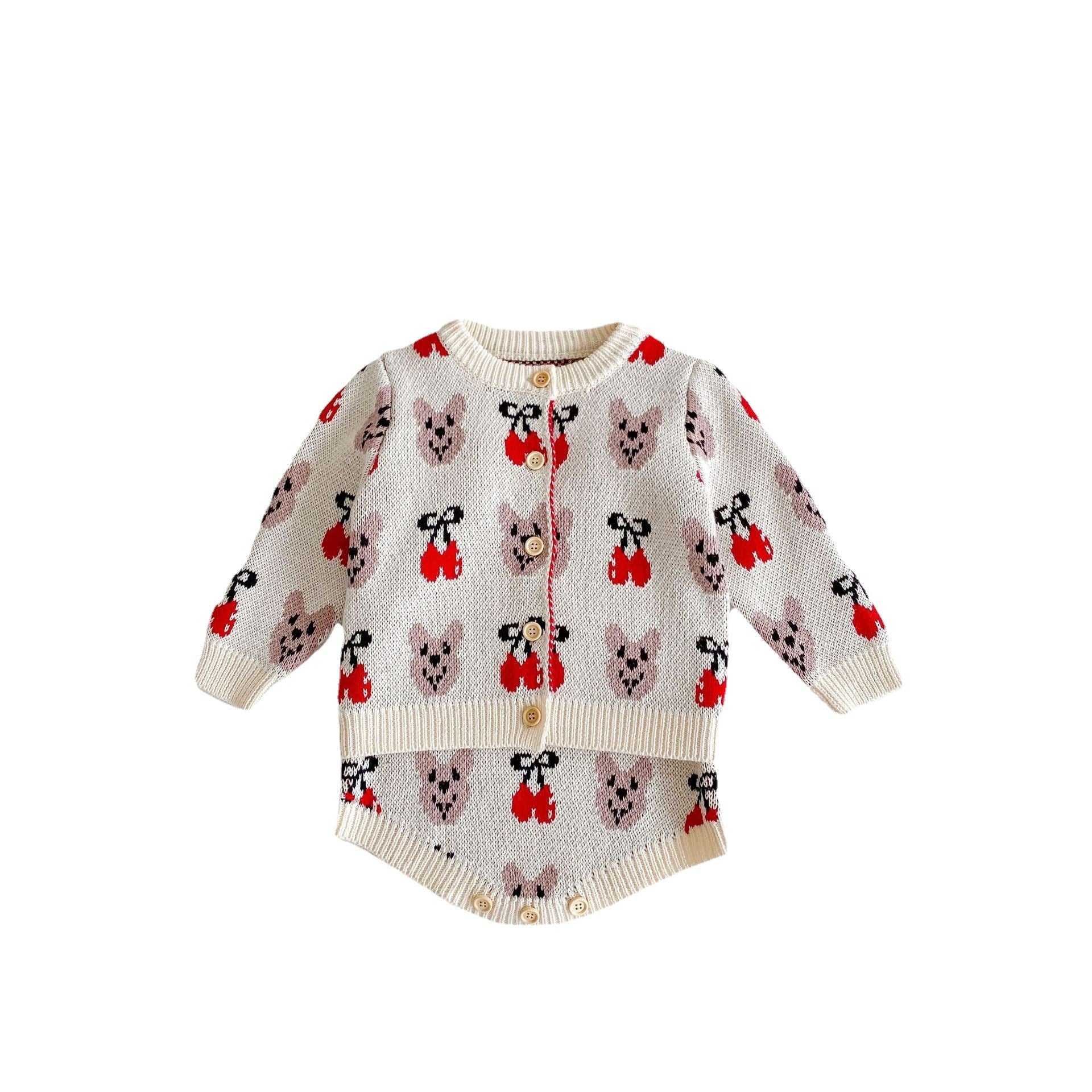 Baby Girl 1pcs Allover Cartoon Bear &amp; Cherry Embroidered Graphic Bodysuit &amp; Cardigan Knitted Sets-6