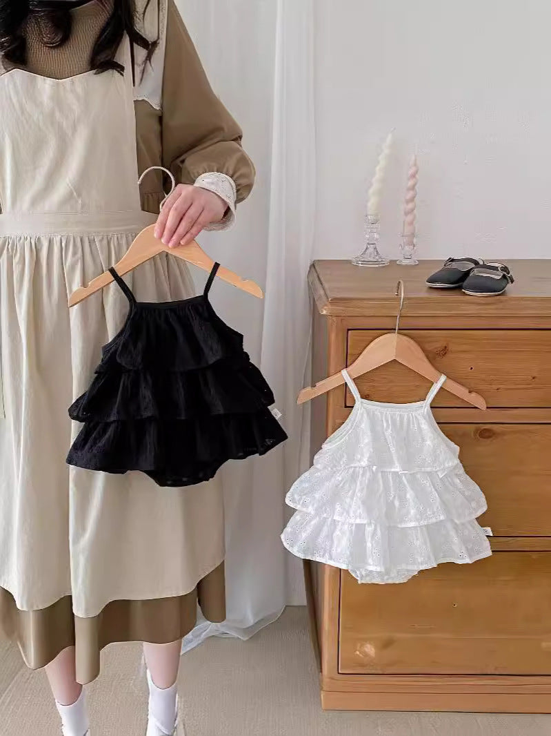 New Arrival Summer Baby Kids Girls Hollow Out Pattern Solid Color Sleeveless Strap Onesies-1