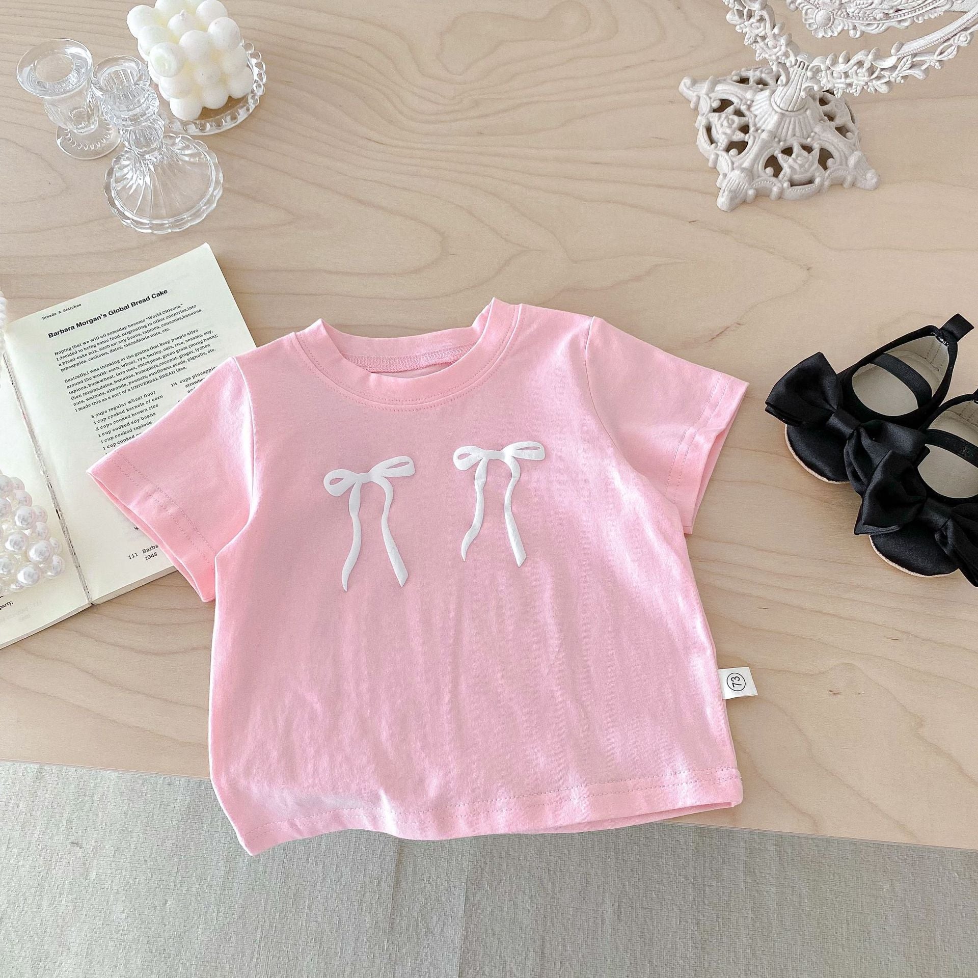 New Arrival Summer Baby Kids Girls Bow Embroidery Pattern Simple Overalls Design Dress And T-Shirt – Sister Matching Set-3