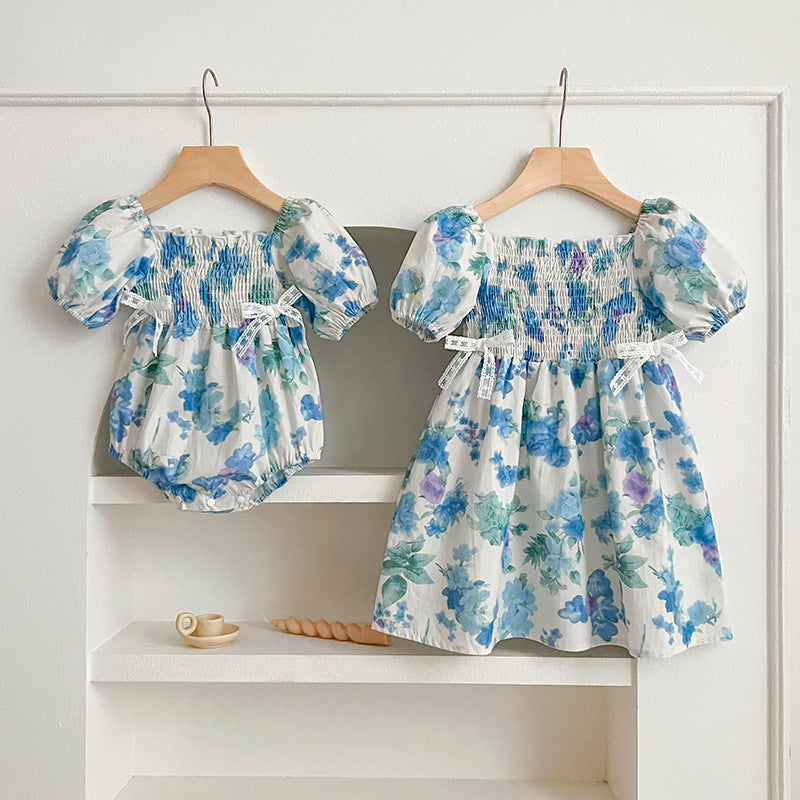 Summer Girls Blue Floral Pattern Square Neck Pleated Onesies And Girls’ Dress – Princess Sister Matching Set-0