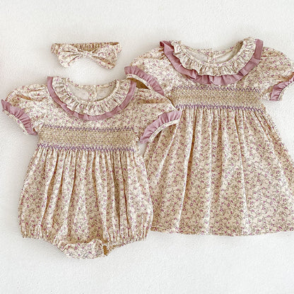 Baby Girl Ditsy Flower Ruffle Neck Dress &amp; Onesies In Summer-1