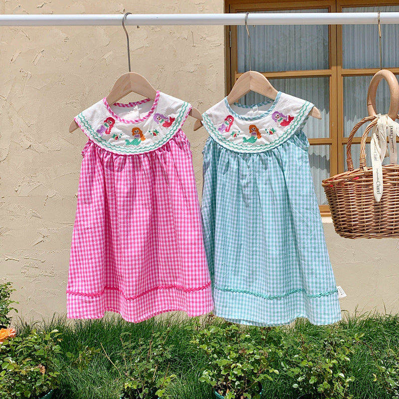 New Design Summer Baby Kids Girls Plaid Sleeveless Mermaid Embroidery Collar Dress-0