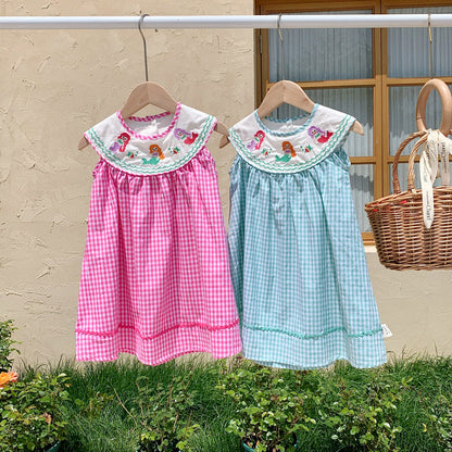 New Design Summer Baby Kids Girls Plaid Sleeveless Mermaid Embroidery Collar Dress-0