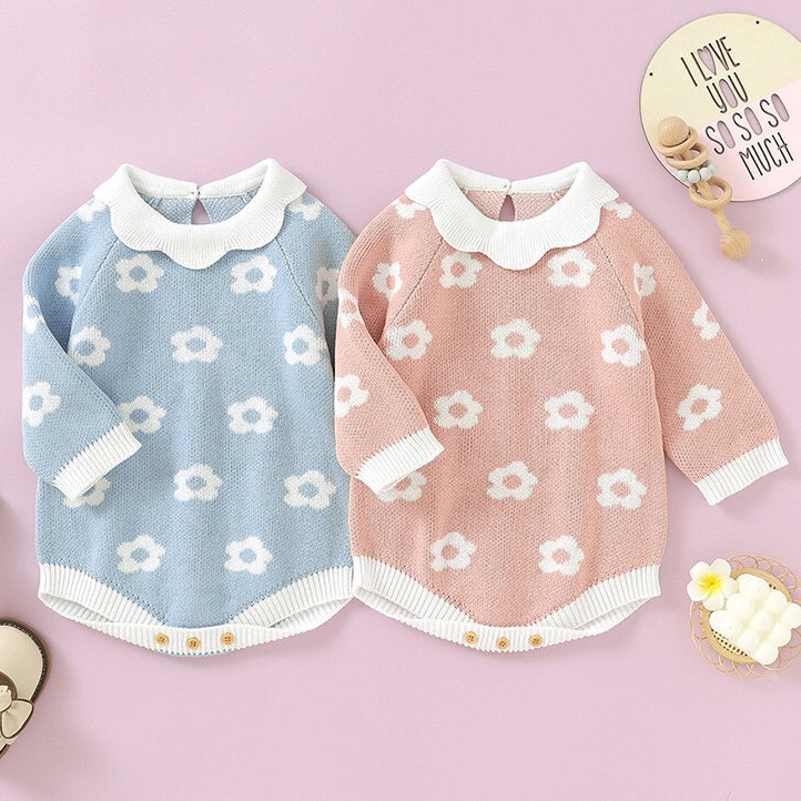 Baby Girl Floral Pattern Big Ruffle Collar Knit Cute Onesies-0