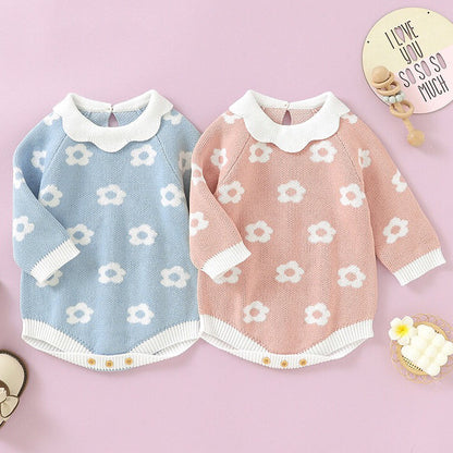 Baby Girl Floral Pattern Big Ruffle Collar Knit Cute Onesies-0