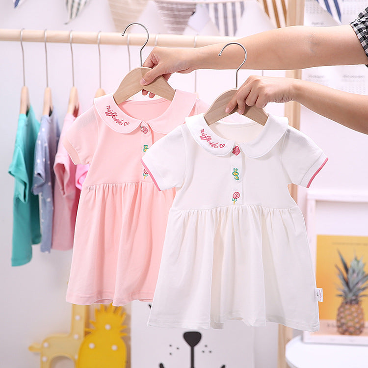 New Arrival Summer Girls Short Sleeves Simple Embroidery Peter Pan Collar Dress-0