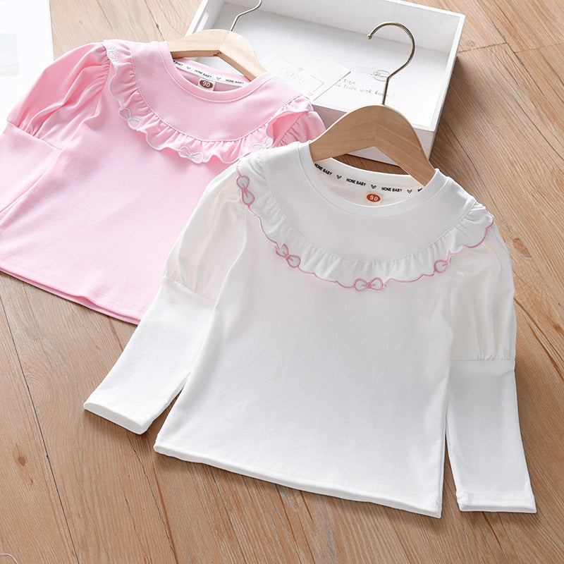 Baby Girl Solid Color Ruffle Design Spring Autumn Shirt-5