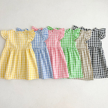 Kids Girls Plaid Short Sleeves Princess Dress-0