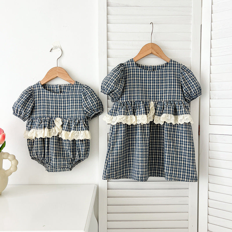 New Design Summer Baby Kids Girls Plaid Short Sleeves Crew Neck Onesies And Girls’ Dress – Princess Sister Matching Set-5