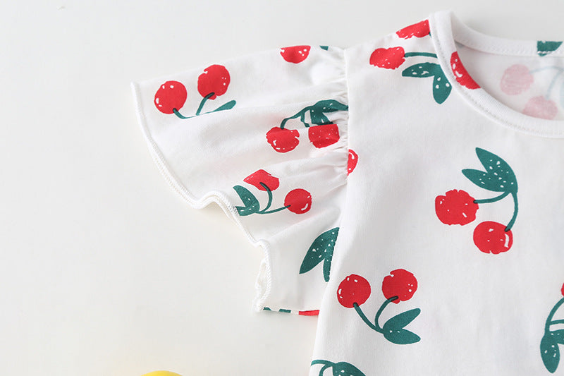 Baby Girl Cherry Print Pattern Mesh Patchwork Design Round-Collar Short-Sleeved Summer Dress Onesies-6