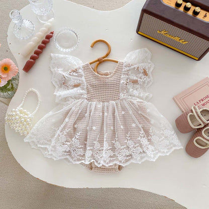 Summer Baby Waffle Pattern Lace Mesh Princess Onesie Dress For Girls-0