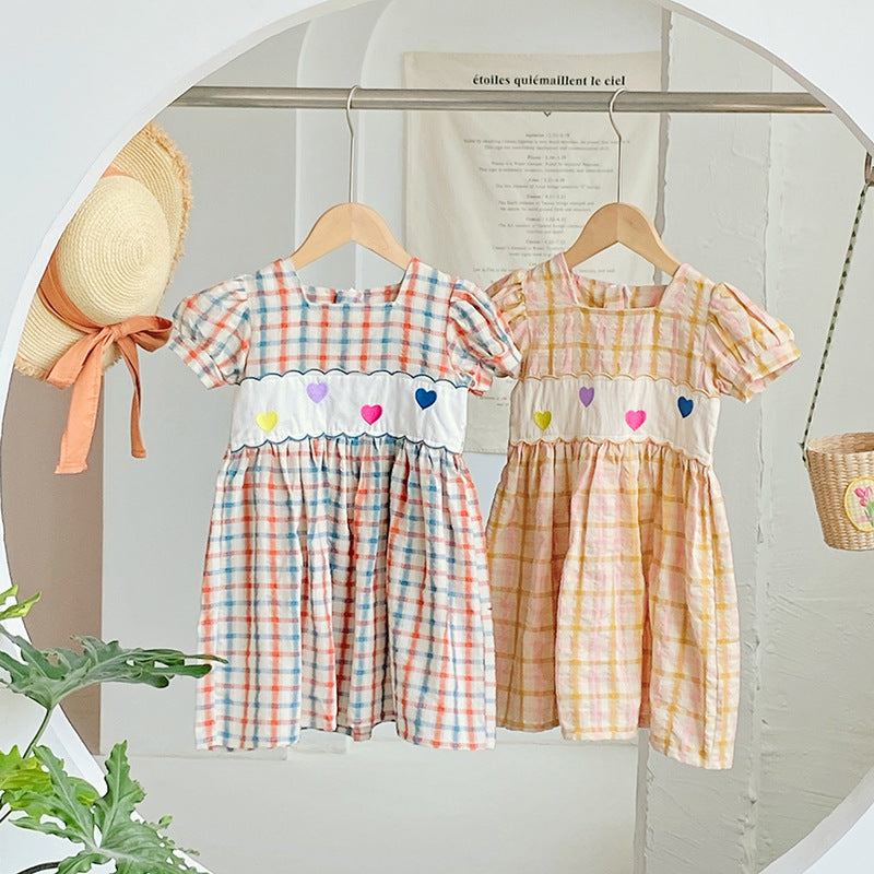 Summer Girls Short Sleeves Colorful Plaid Heart Embroidery Dress-0