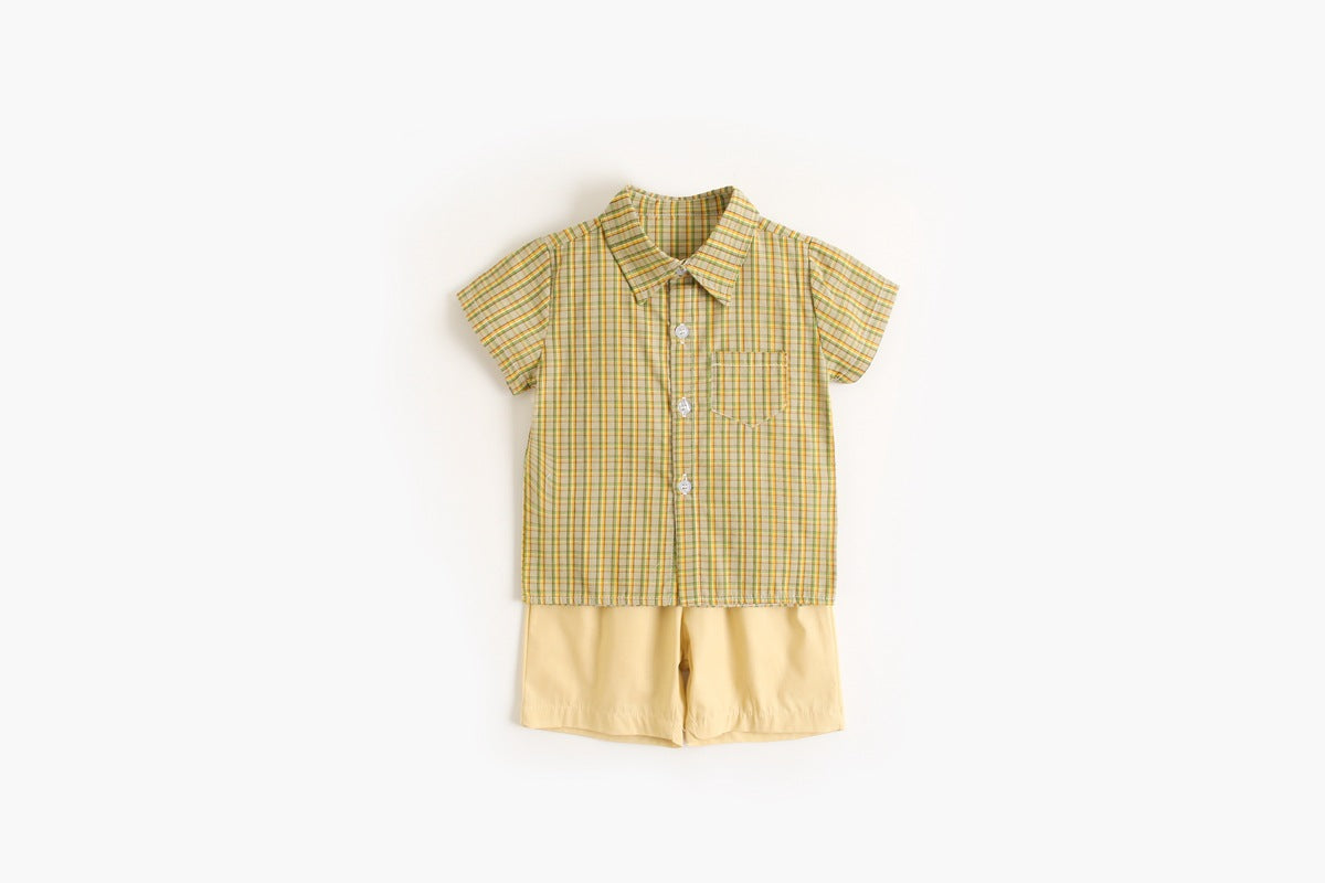 Baby Boy Plaid Pattern Single Breasted Design Polo-Neck Shirt Combo Shorts-6