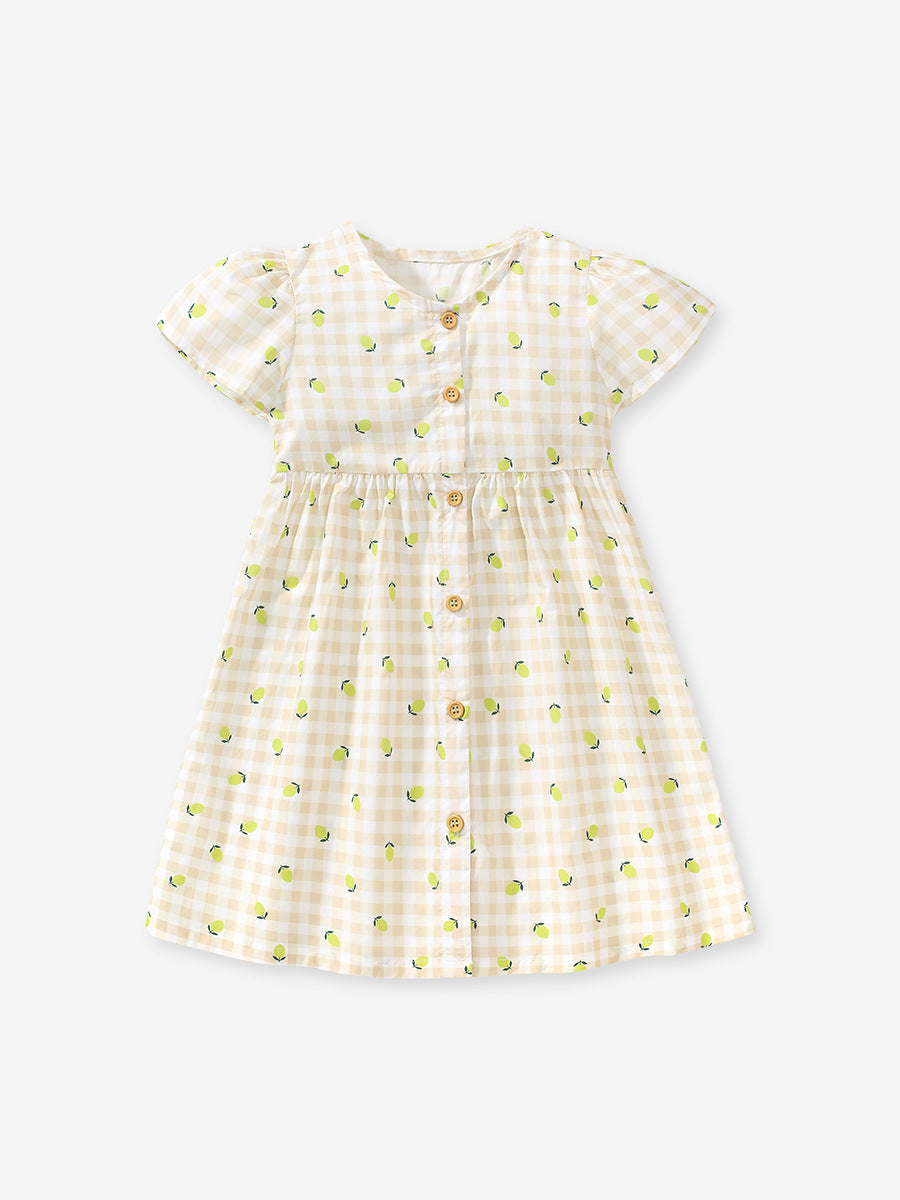 Baby Girls Single Breasted Plaid Lemons Print Short Sleeves Dress-0