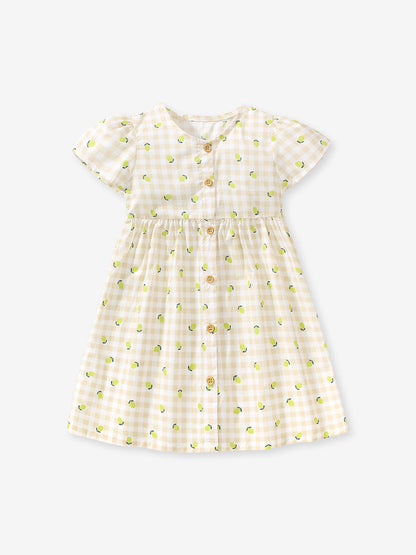 Baby Girls Single Breasted Plaid Lemons Print Short Sleeves Dress-0