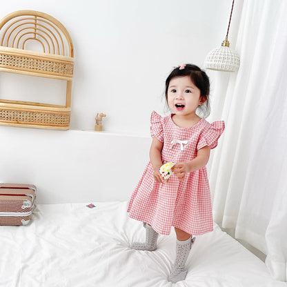 New Arrival Summer Baby Girls Plaid Fly Sleeves Dress With Bow-5