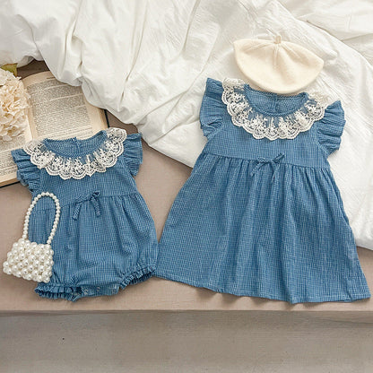 New Arrival Summer Girls Blue Plaid Noble Lace Floral Collar Fly Sleeves Onesies And Dress – Princess Sister Matching Set-5