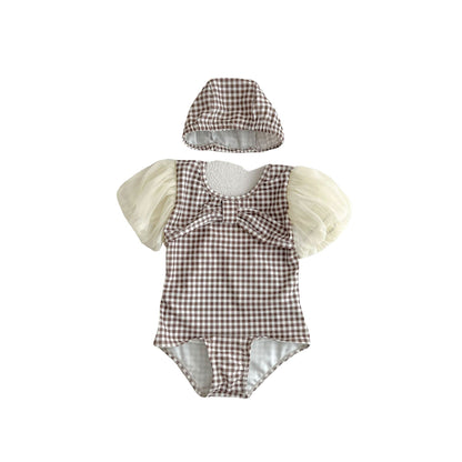 Baby Girl Plaid Pattern Mesh Sleeves Patchwork Swimwear With Hats-6