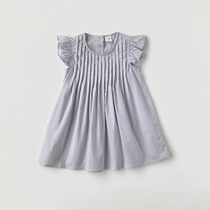 Summer New Arrival Kids Girls Fly Sleeves Solid Color Pleated Dress-2