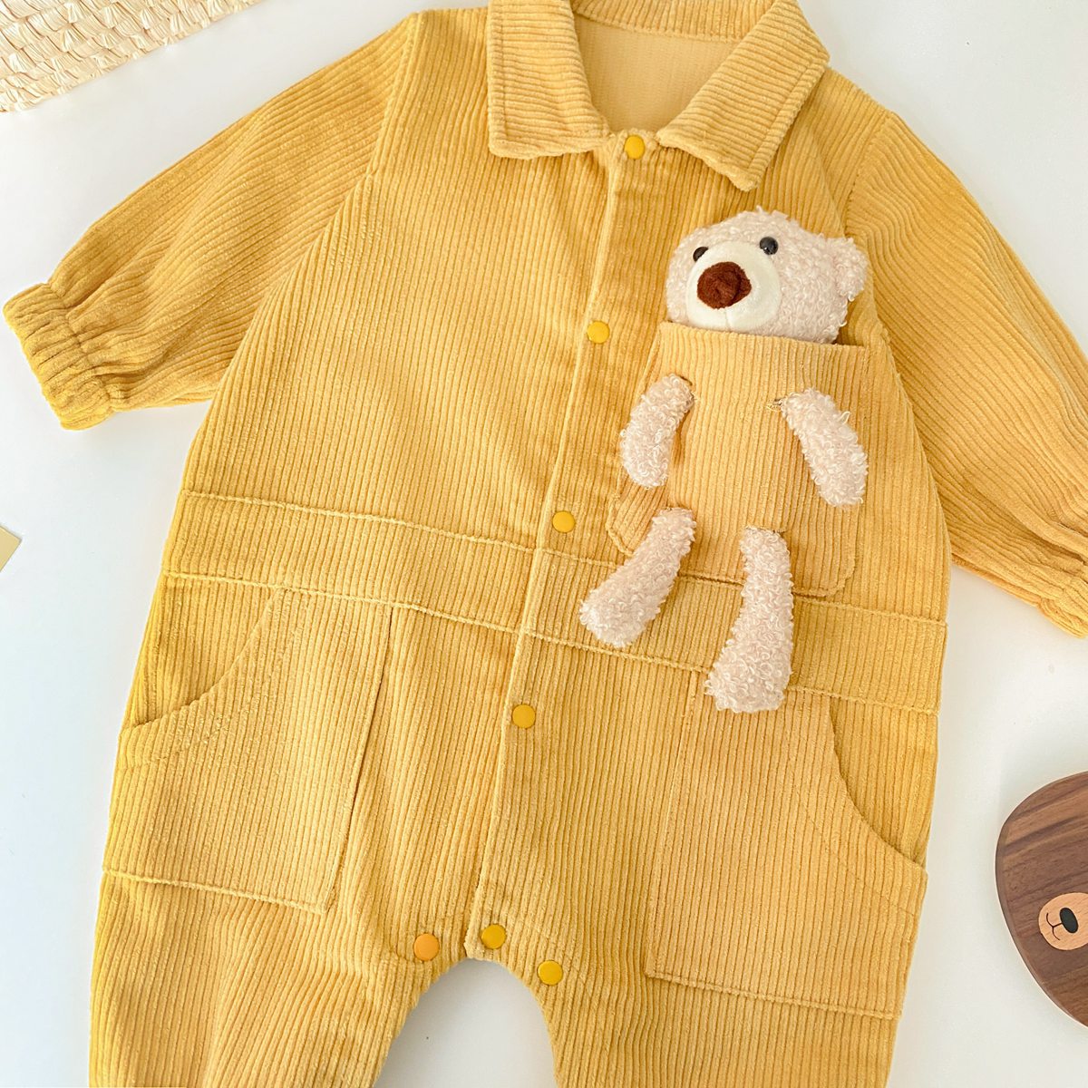 Baby 3D Cartoon Bear Patched Design Corduroy Fabric Button Front Romper-9