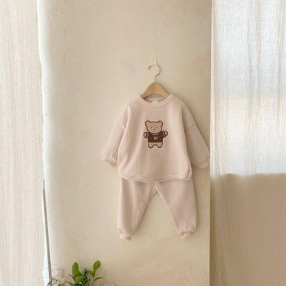 Baby Cartoon Bear Embroidered Pattern Waffle Fabric Hoodies Sets-6