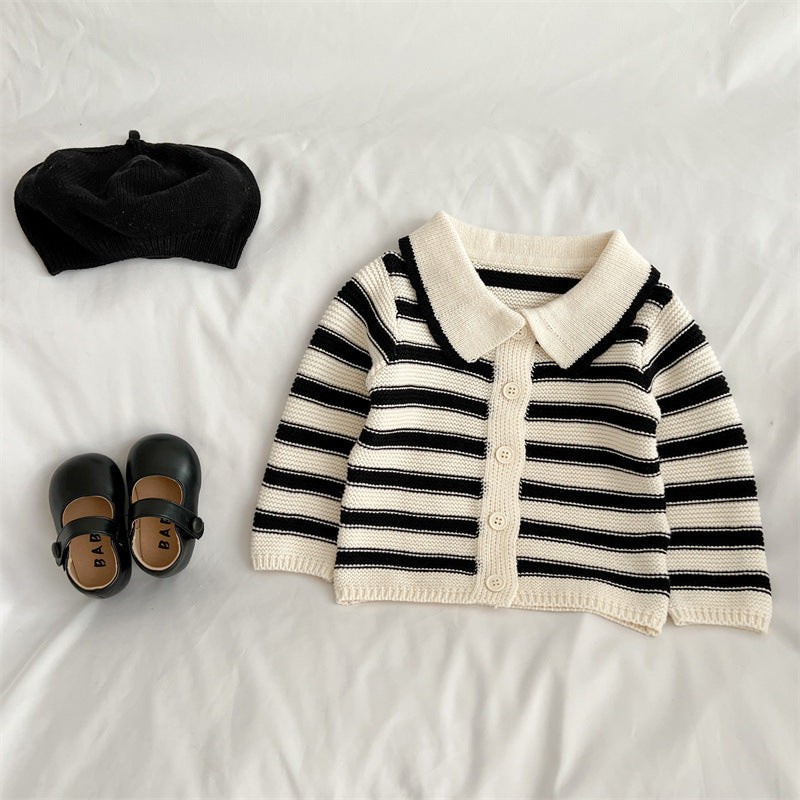 Baby Striped Pattern Lapel Knitted Cardigan With Pants Sets-6