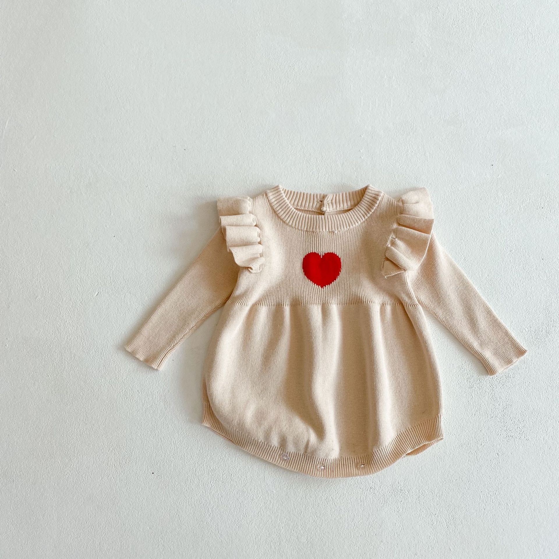 Baby Girl 1pcs Heart Embroidered Pattern Ruffle Long Sleeve Knit Onesies-5