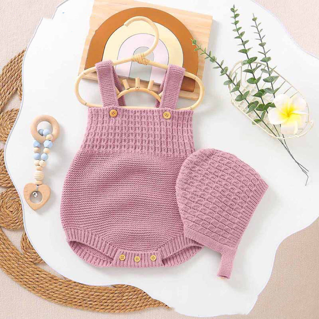 Baby Girl Solid Color Sling Knitted Onesies With Hat Sets-5