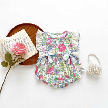 Summer New Arrival Baby Girls Floral Pattern Fly Sleeves 3D Bows Onesies-5